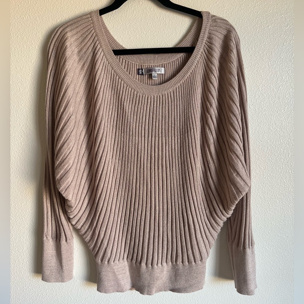 Jennifer Lopez Tan Shimmer Crew Neck Sweater with Ribbed Texture